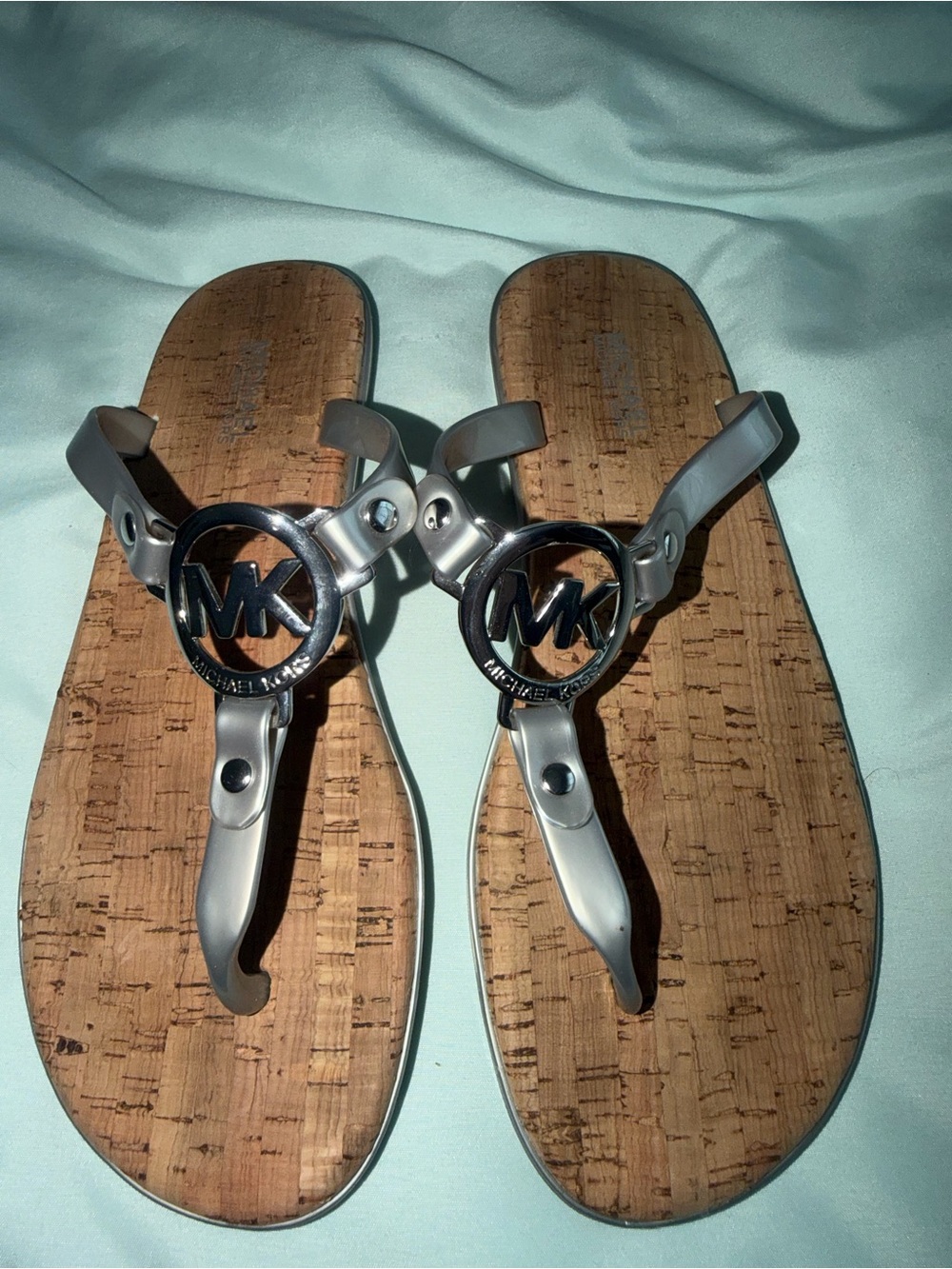 Michael Kors Women's Cork Charm Thong Sandals Flip-Flops Silver
